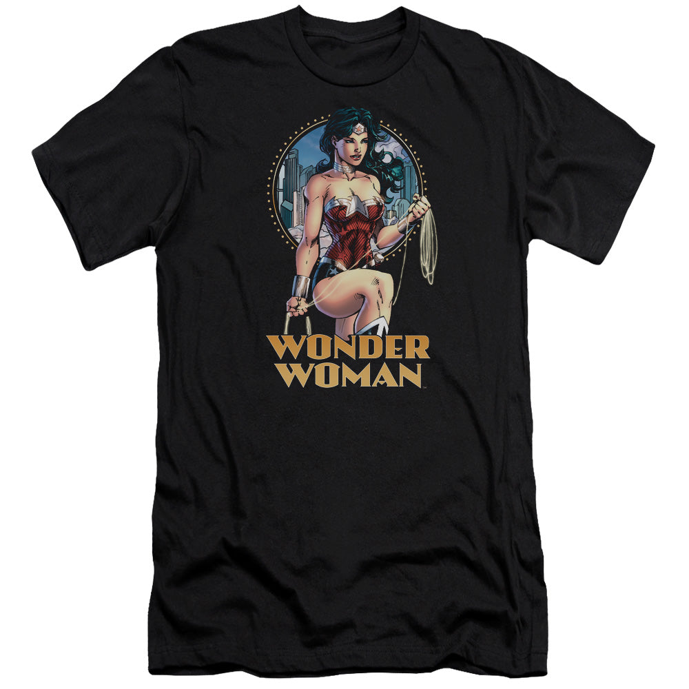 AN OFFCIALLY LICENSED JLA CITY WARRIOR MEN'S PREMIUM SLIM FIT T-SHIRT BLACK
