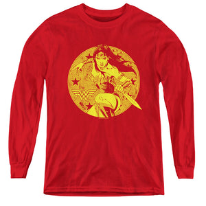 AN OFFCIALLY LICENSED JLA YOUNG WONDER YOUTH LONG SLEEVE T-SHIRT RED