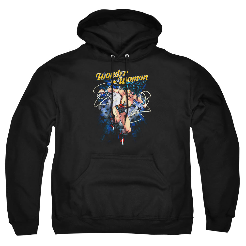 AN OFFCIALLY LICENSED JLA STARBURST ADULT UNISEX PULLOVER HOODIE BLACK