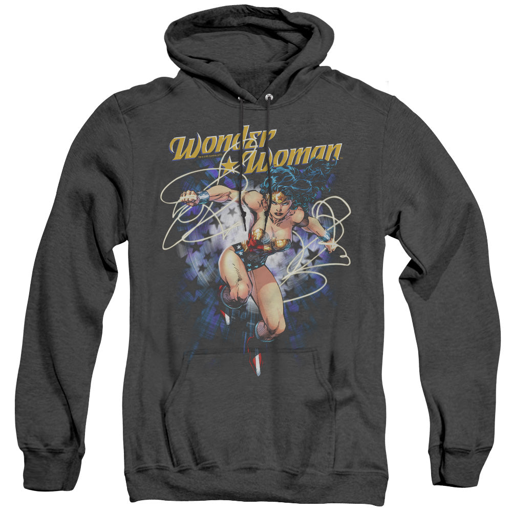 AN OFFCIALLY LICENSED JLA STARBURST ADULT UNISEX HEATHER PULLOVER HOODIE BLACK