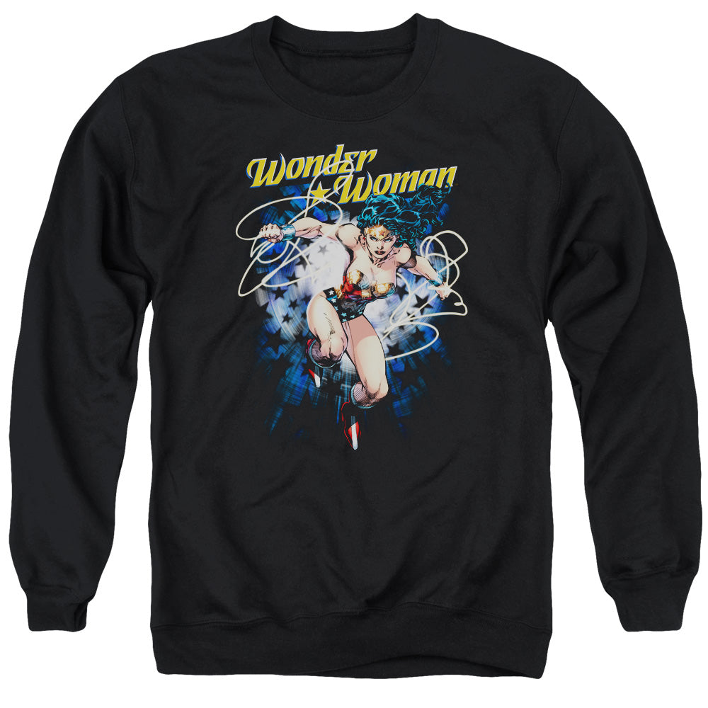 AN OFFCIALLY LICENSED JLA STARBURST ADULT UNISEX CREWNECK SWEATSHIRT BLACK