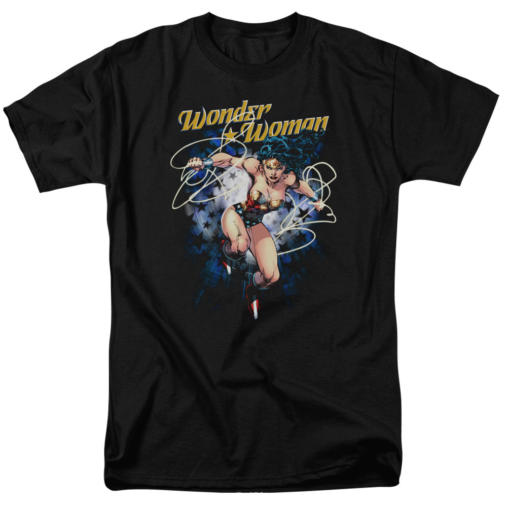 AN OFFCIALLY LICENSED JLA STARBURST MEN'S REGULAR FIT T-SHIRT BLACK