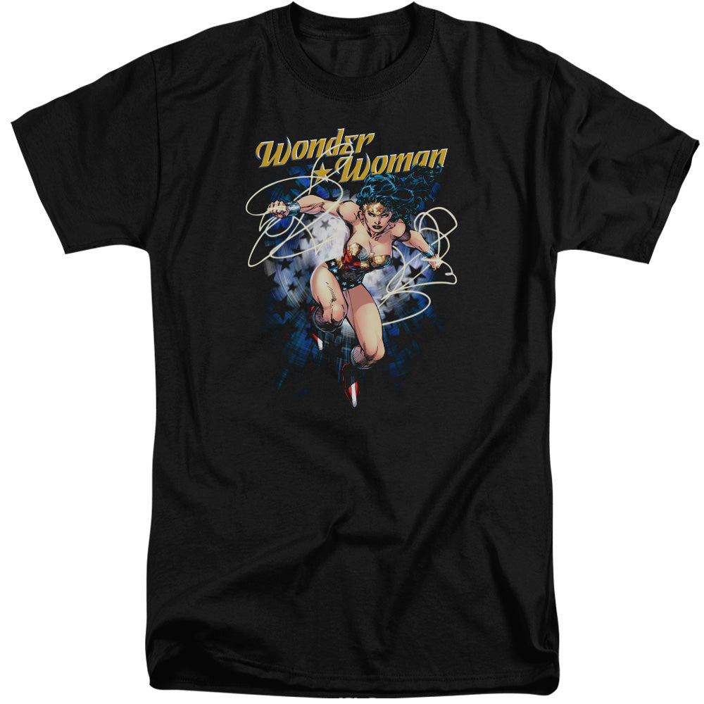 AN OFFCIALLY LICENSED JLA STARBURST MEN'S TALL FIT T-SHIRT BLACK