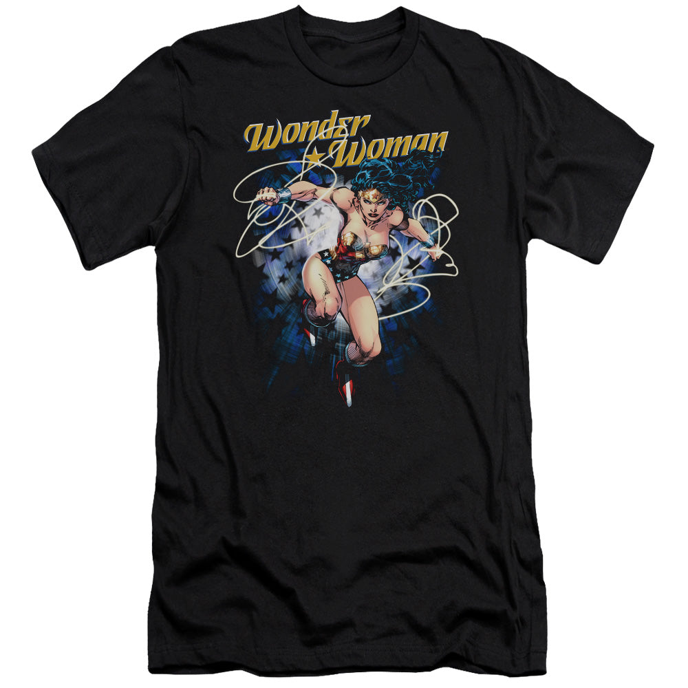 AN OFFCIALLY LICENSED JLA STARBURST MEN'S PREMIUM SLIM FIT T-SHIRT BLACK