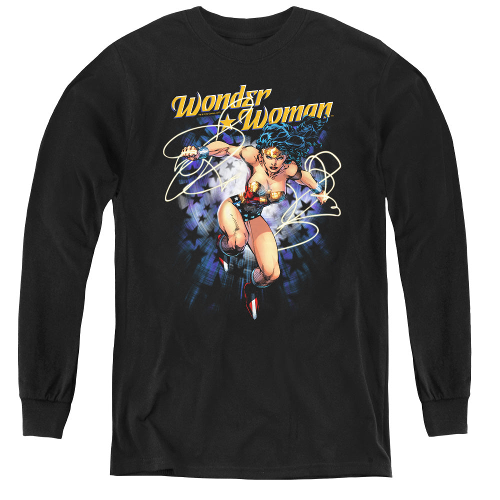 AN OFFCIALLY LICENSED JLA STARBURST YOUTH LONG SLEEVE T-SHIRT BLACK