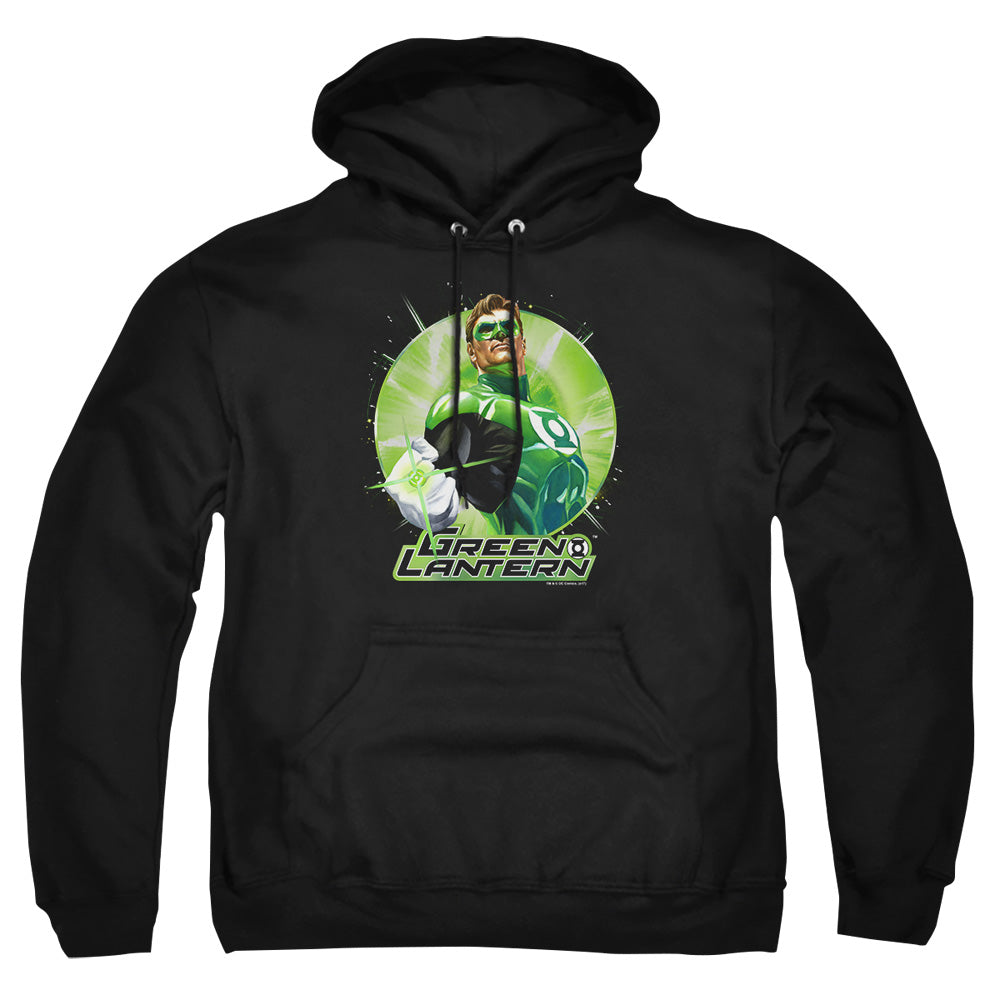 AN OFFCIALLY LICENSED JLA GREEN STATIC ADULT UNISEX PULLOVER HOODIE BLACK