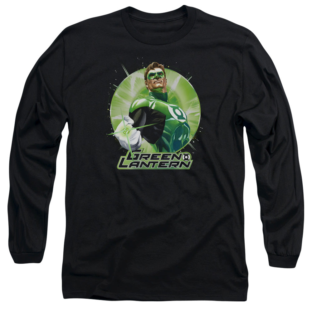 AN OFFCIALLY LICENSED JLA GREEN STATIC MEN'S LONG SLEEVE T-SHIRT BLACK