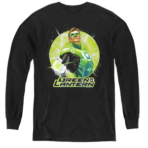 AN OFFCIALLY LICENSED JLA GREEN STATIC YOUTH LONG SLEEVE T-SHIRT BLACK