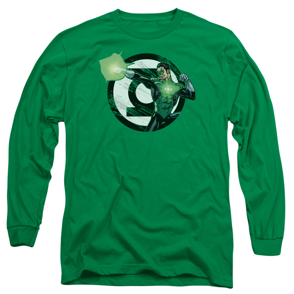 AN OFFCIALLY LICENSED JLA BLASTING LOGO MEN'S LONG SLEEVE T-SHIRT KELLY GREEN