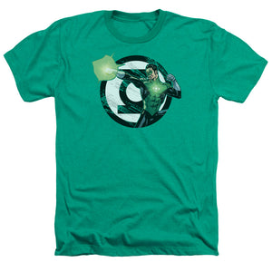 AN OFFCIALLY LICENSED JLA BLASTING LOGO MEN'S HEATHER T-SHIRT KELLY GREEN
