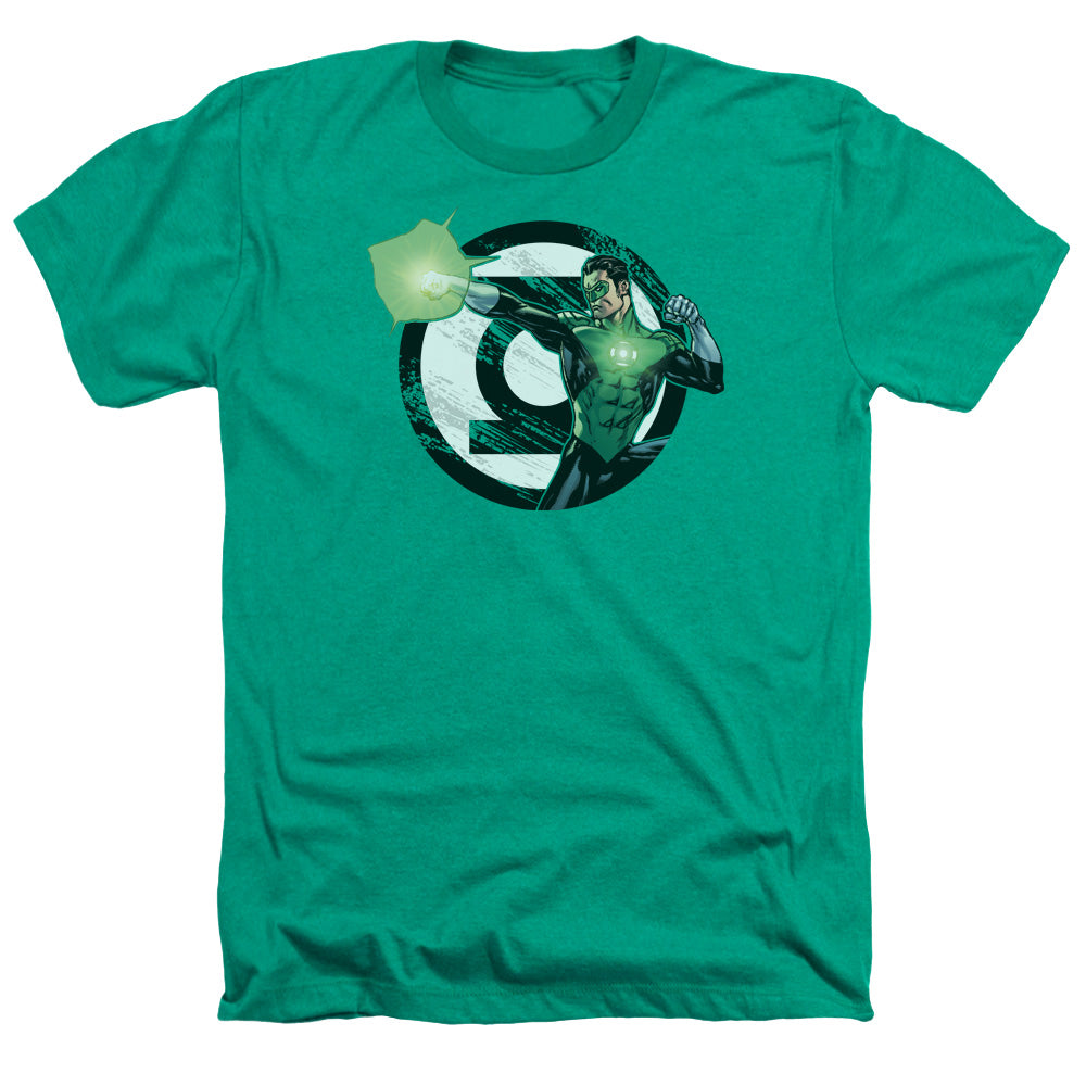 AN OFFCIALLY LICENSED JLA BLASTING LOGO MEN'S HEATHER T-SHIRT KELLY GREEN