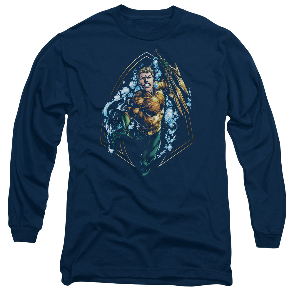AN OFFCIALLY LICENSED JLA THRASHING MEN'S LONG SLEEVE T-SHIRT NAVY