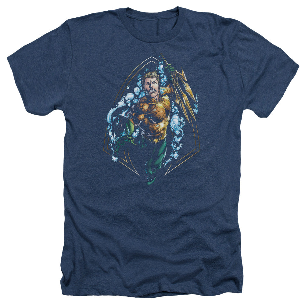 AN OFFCIALLY LICENSED JLA THRASHING MEN'S HEATHER T-SHIRT NAVY