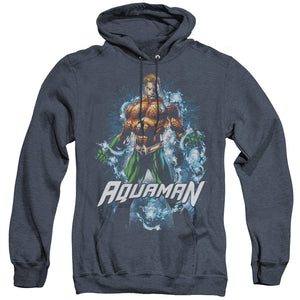 AN OFFCIALLY LICENSED JLA WATER POWERS ADULT UNISEX HEATHER PULLOVER HOODIE NAVY