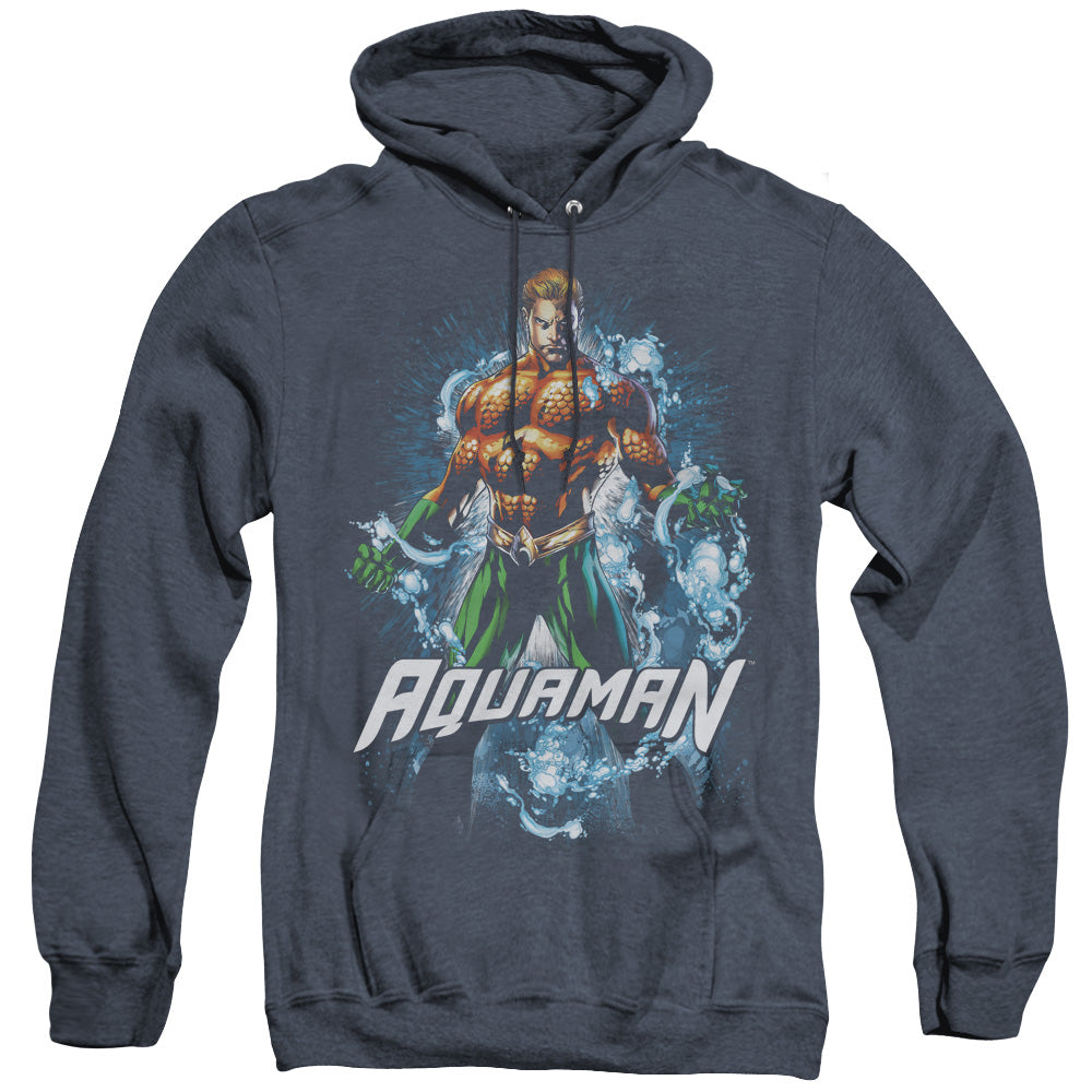 AN OFFCIALLY LICENSED JLA WATER POWERS ADULT UNISEX HEATHER PULLOVER HOODIE NAVY