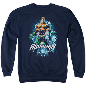 AN OFFCIALLY LICENSED JLA WATER POWERS ADULT UNISEX CREWNECK SWEATSHIRT NAVY