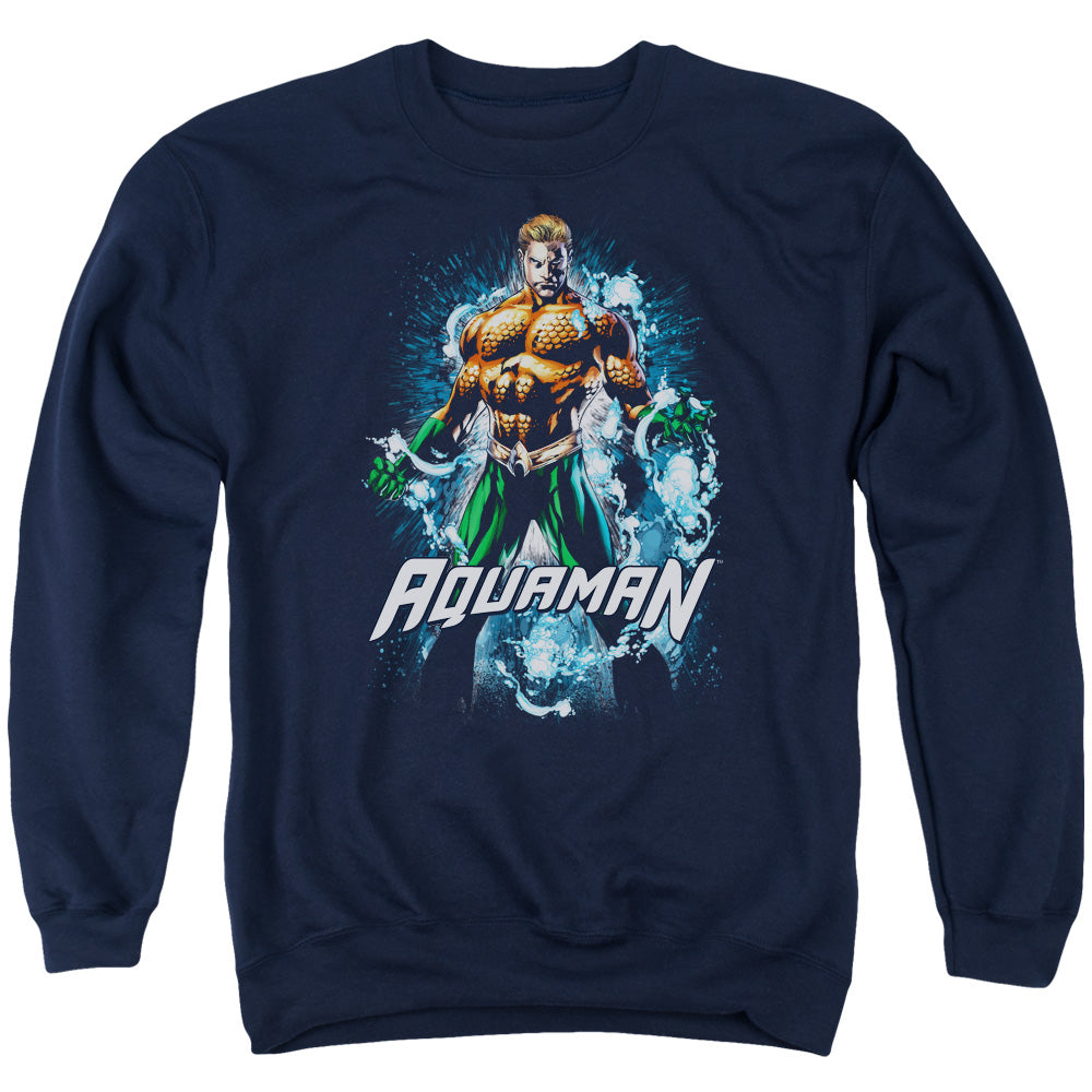 AN OFFCIALLY LICENSED JLA WATER POWERS ADULT UNISEX CREWNECK SWEATSHIRT NAVY