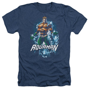 AN OFFCIALLY LICENSED JLA WATER POWERS MEN'S HEATHER T-SHIRT NAVY