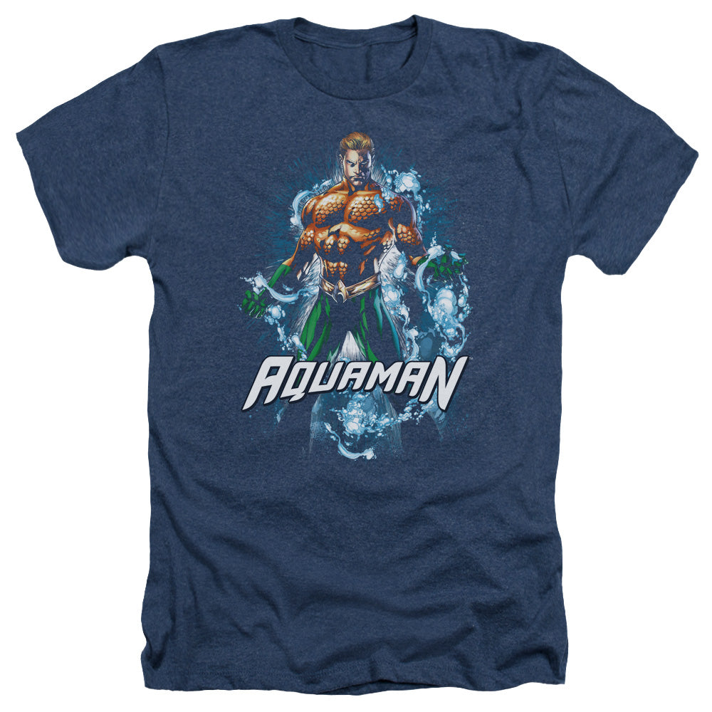 AN OFFCIALLY LICENSED JLA WATER POWERS MEN'S HEATHER T-SHIRT NAVY