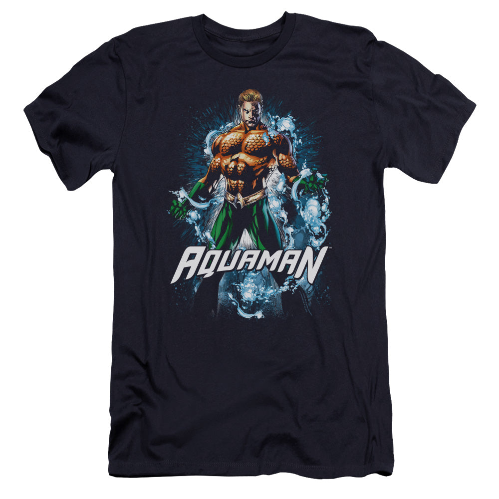 AN OFFCIALLY LICENSED JLA WATER POWERS MEN'S PREMIUM SLIM FIT T-SHIRT NAVY