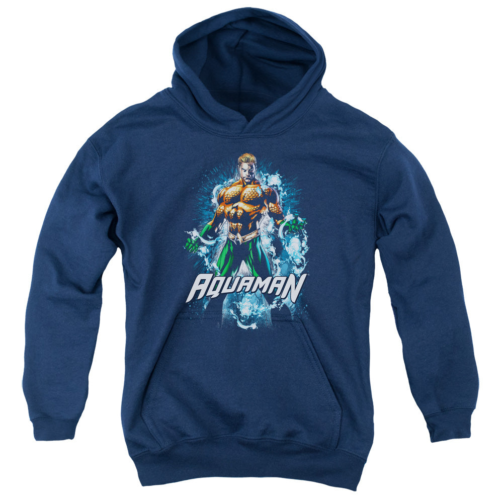 AN OFFCIALLY LICENSED JLA WATER POWERS YOUTH HOODIE NAVY