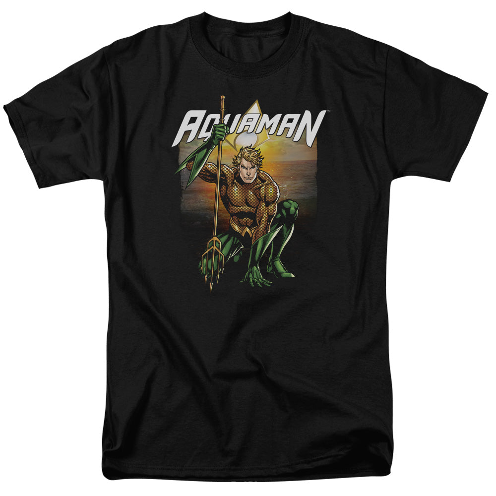 AN OFFCIALLY LICENSED JLA BEACH SUNSET MEN'S REGULAR FIT T-SHIRT BLACK