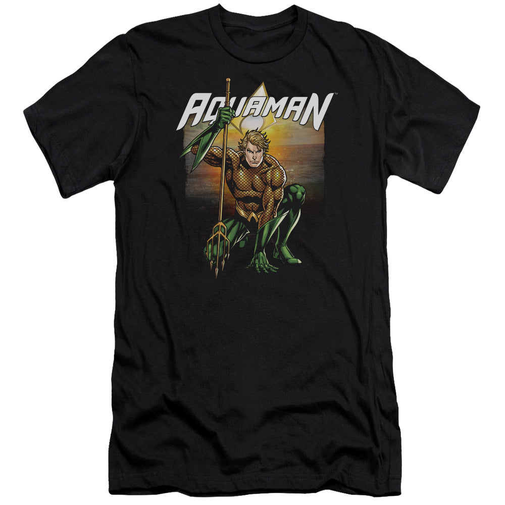 AN OFFCIALLY LICENSED JLA BEACH SUNSET MEN'S PREMIUM SLIM FIT T-SHIRT BLACK