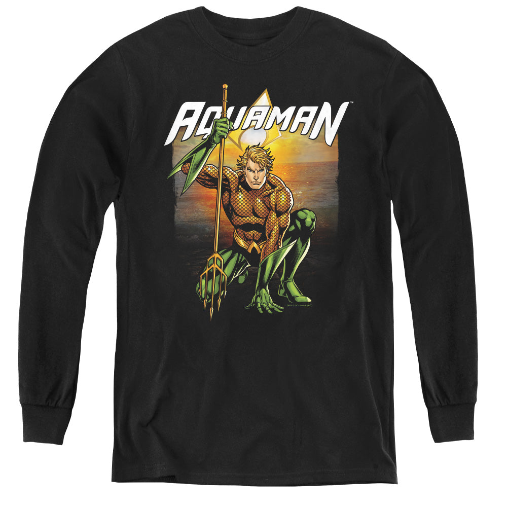 AN OFFCIALLY LICENSED JLA BEACH SUNSET YOUTH LONG SLEEVE T-SHIRT BLACK