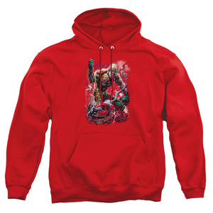 AN OFFCIALLY LICENSED JLA FINISHED ADULT UNISEX PULLOVER HOODIE RED