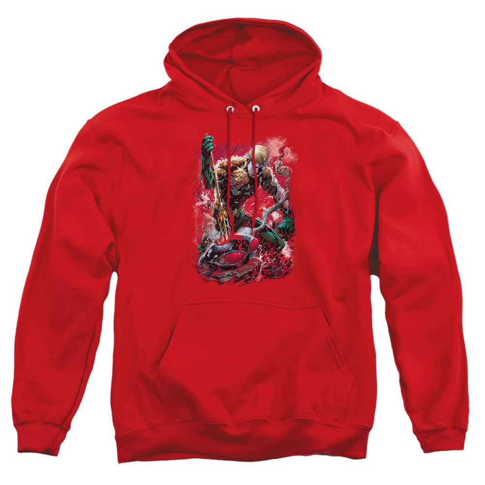 AN OFFCIALLY LICENSED JLA FINISHED ADULT UNISEX PULLOVER HOODIE RED