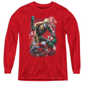 AN OFFCIALLY LICENSED JLA FINISHED YOUTH LONG SLEEVE T-SHIRT RED