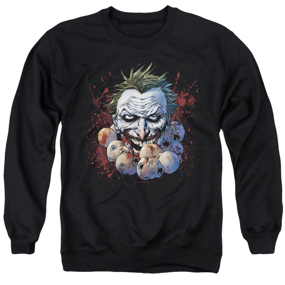 AN OFFCIALLY LICENSED JLA DOLL HEADS ADULT UNISEX CREWNECK SWEATSHIRT BLACK