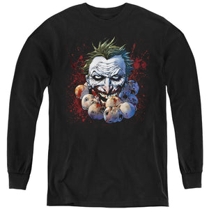 AN OFFCIALLY LICENSED JLA DOLL HEADS YOUTH LONG SLEEVE T-SHIRT BLACK