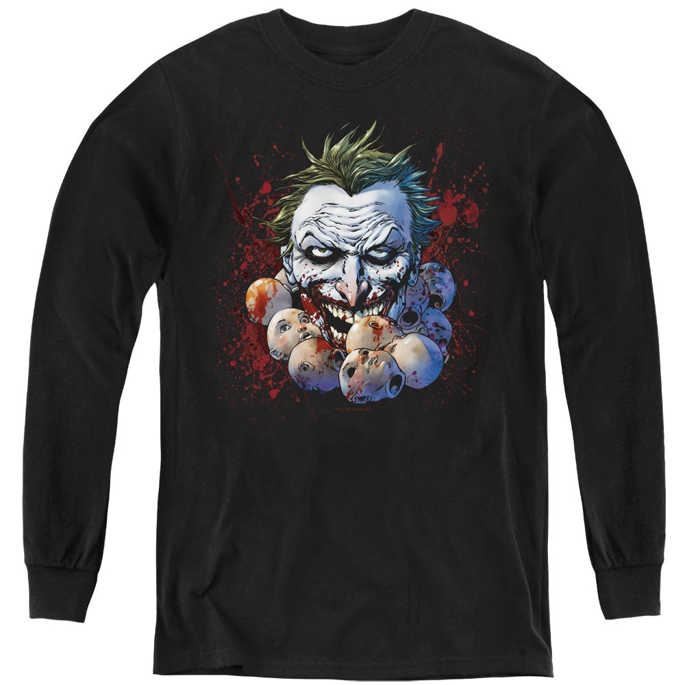 AN OFFCIALLY LICENSED JLA DOLL HEADS YOUTH LONG SLEEVE T-SHIRT BLACK