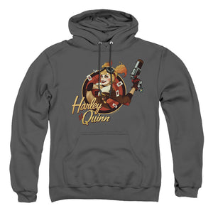 AN OFFCIALLY LICENSED JLA HARLEY BOMBER ADULT UNISEX PULLOVER HOODIE CHARCOAL