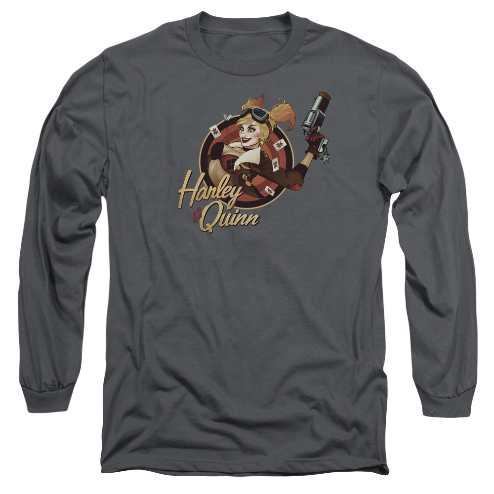 AN OFFCIALLY LICENSED JLA HARLEY BOMBER MEN'S LONG SLEEVE T-SHIRT CHARCOAL