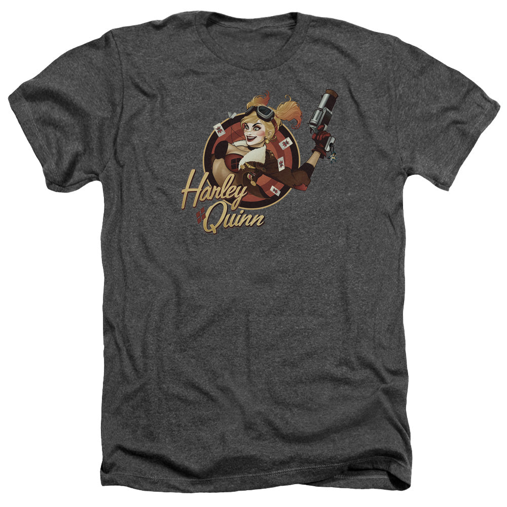 AN OFFCIALLY LICENSED JLA HARLEY BOMBER MEN'S HEATHER T-SHIRT CHARCOAL