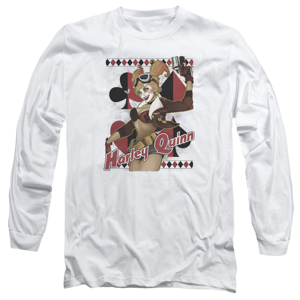 AN OFFCIALLY LICENSED JLA HARLEY BOMBSHETLL MEN'S LONG SLEEVE T-SHIRT WHITE