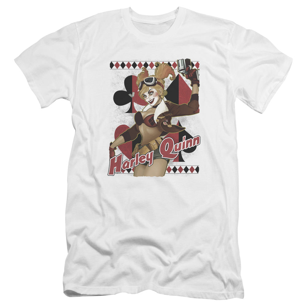 AN OFFCIALLY LICENSED JLA HARLEY BOMBSHETLL MEN'S PREMIUM SLIM FIT T-SHIRT WHITE