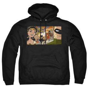 AN OFFCIALLY LICENSED JLA CINEMATIC LEAGUE ADULT UNISEX PULLOVER HOODIE BLACK