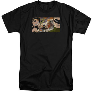 AN OFFCIALLY LICENSED JLA CINEMATIC LEAGUE MEN'S TALL FIT T-SHIRT BLACK