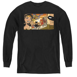 AN OFFCIALLY LICENSED JLA CINEMATIC LEAGUE YOUTH LONG SLEEVE T-SHIRT BLACK