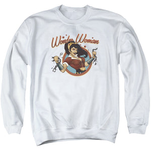 AN OFFCIALLY LICENSED JLA WONDER BREAK ADULT UNISEX CREWNECK SWEATSHIRT WHITE
