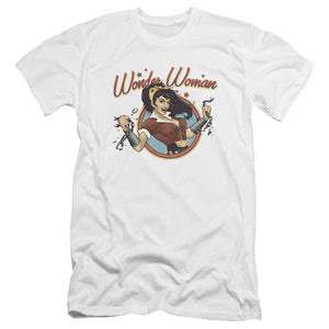 AN OFFCIALLY LICENSED JLA WONDER BREAK MEN'S PREMIUM SLIM FIT T-SHIRT WHITE