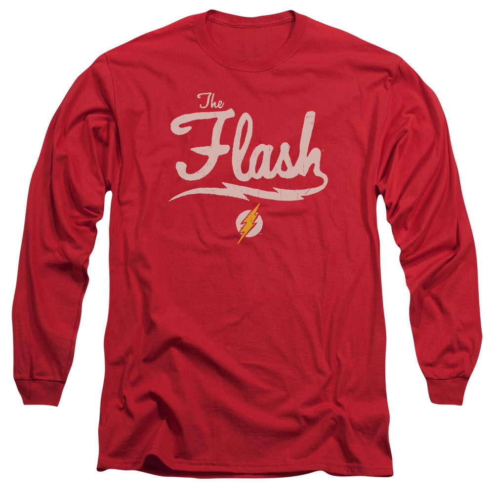 AN OFFCIALLY LICENSED JLA OLD SCHOOL FLASH MEN'S LONG SLEEVE T-SHIRT RED