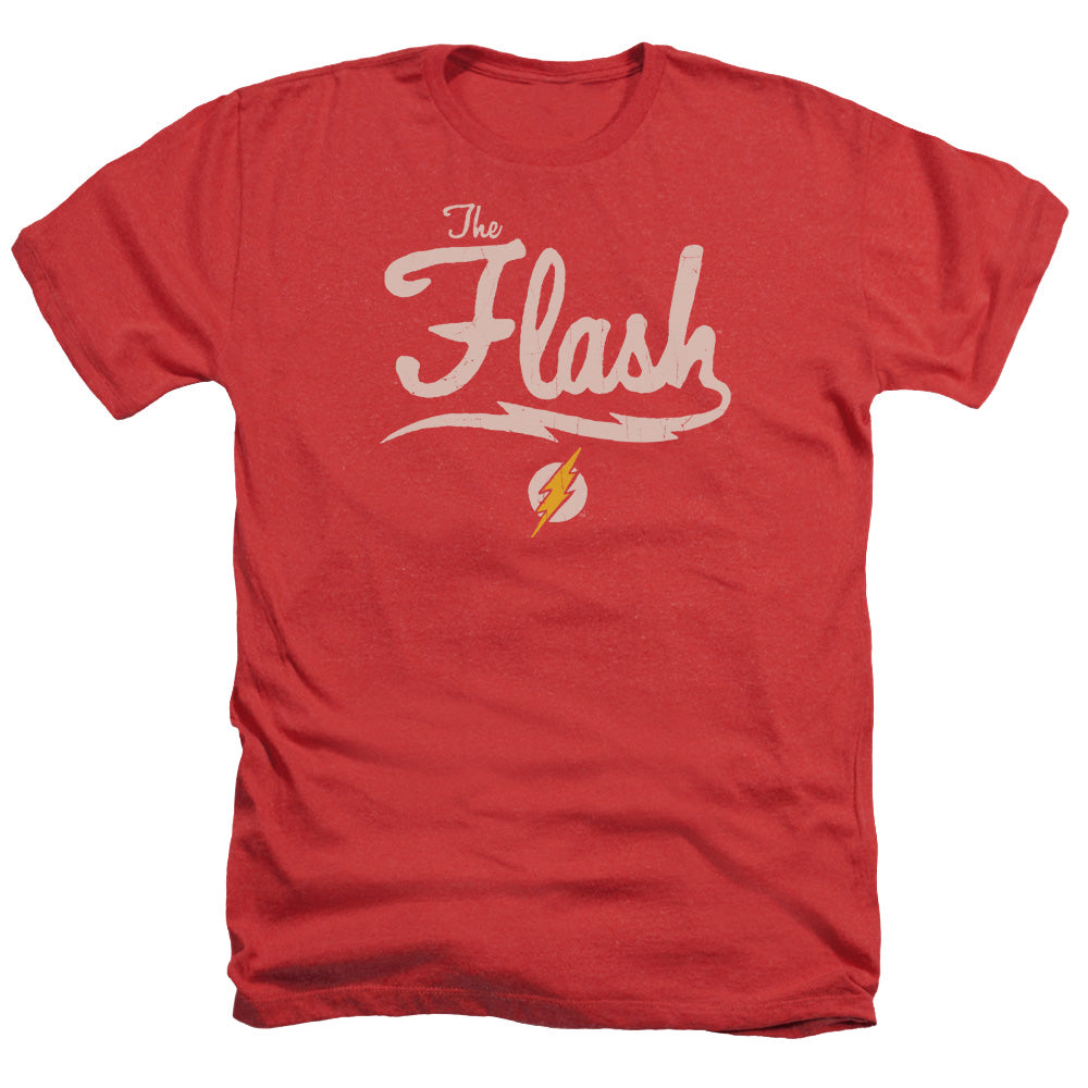 AN OFFCIALLY LICENSED JLA OLD SCHOOL FLASH MEN'S HEATHER T-SHIRT RED
