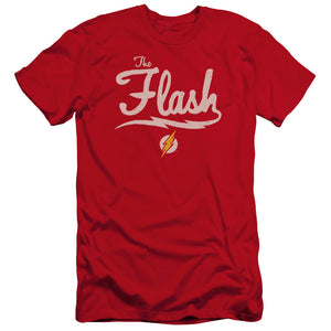 AN OFFCIALLY LICENSED JLA OLD SCHOOL FLASH MEN'S PREMIUM SLIM FIT T-SHIRT RED