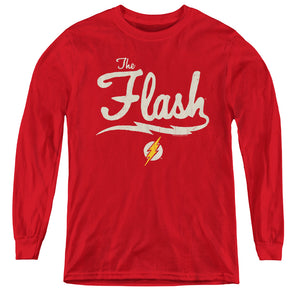 AN OFFCIALLY LICENSED JLA OLD SCHOOL FLASH YOUTH LONG SLEEVE T-SHIRT RED