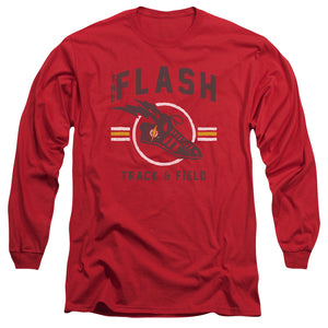 AN OFFCIALLY LICENSED JLA TRACK AND FIELD MEN'S LONG SLEEVE T-SHIRT RED