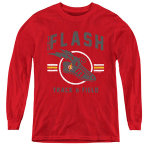 AN OFFCIALLY LICENSED JLA TRACK AND FIELD YOUTH LONG SLEEVE T-SHIRT RED